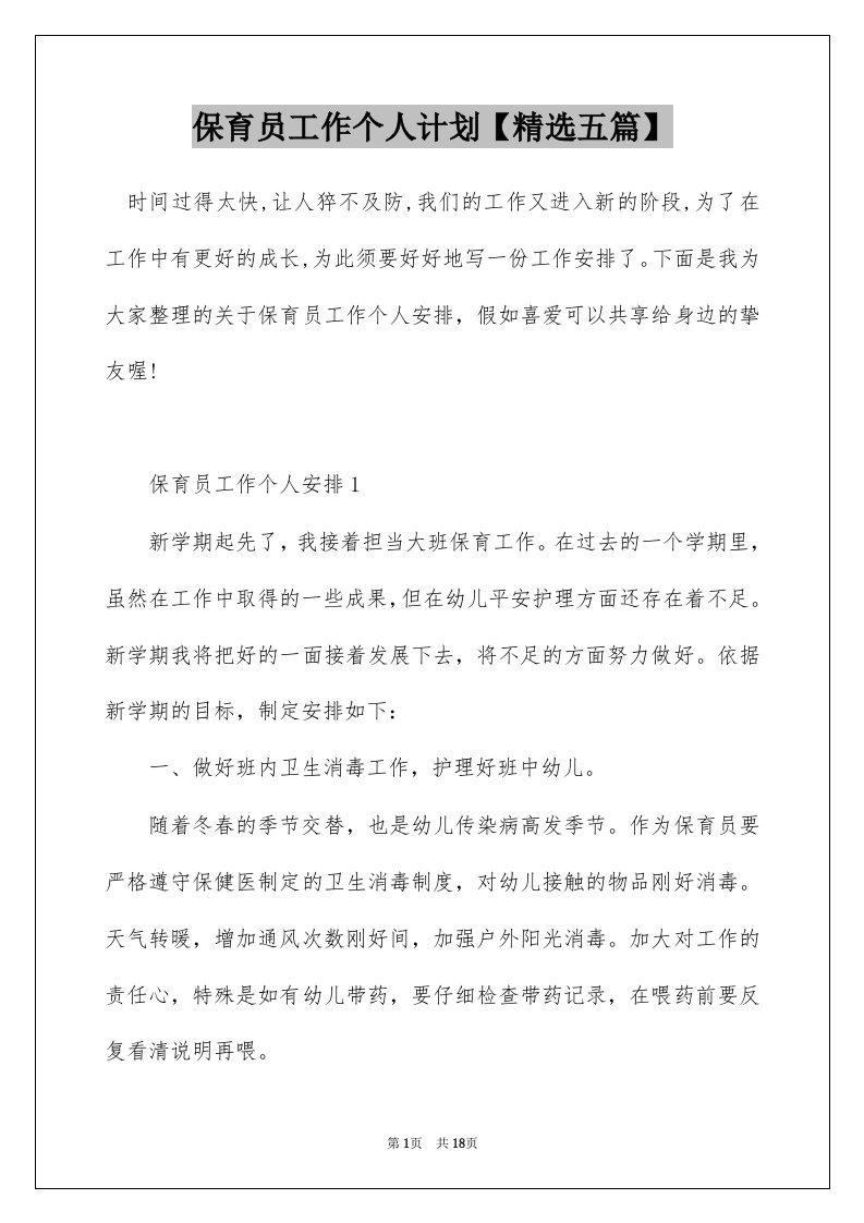 保育员工作个人计划精选五篇