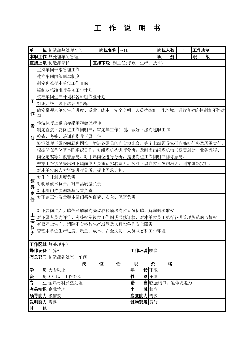 热处理车间工作说明书样本