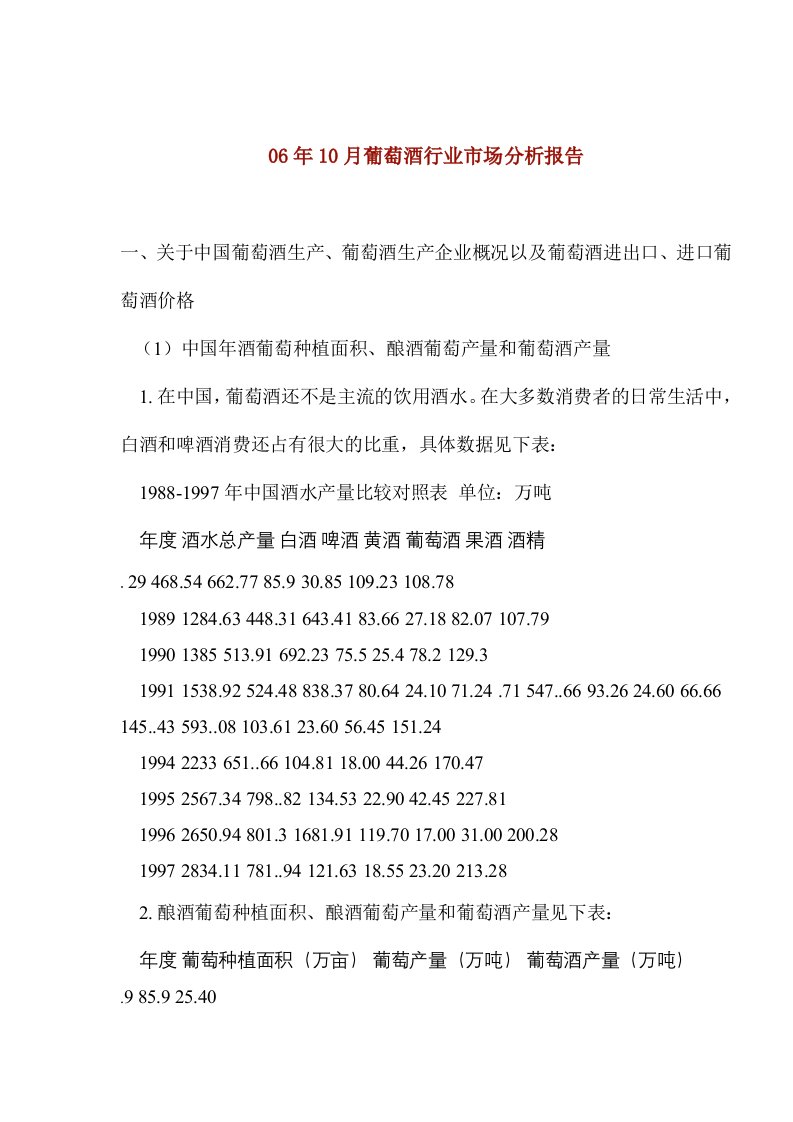 年度报告-06年10月葡萄酒行业市场分析报告