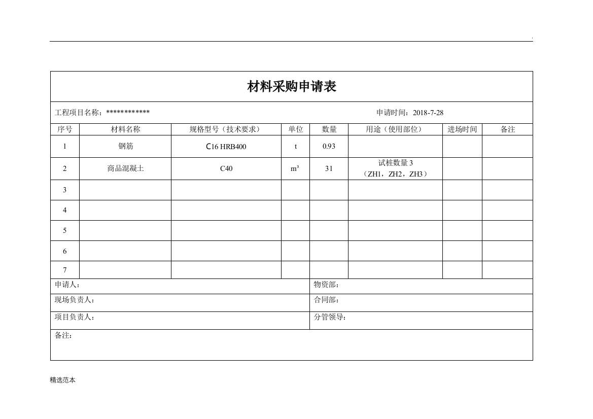 施工项目材料采购申请表