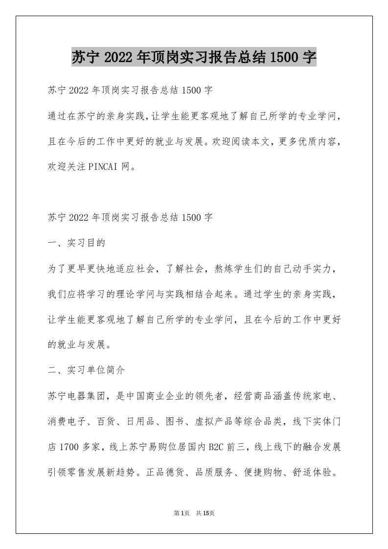 苏宁2022年顶岗实习报告总结1500字