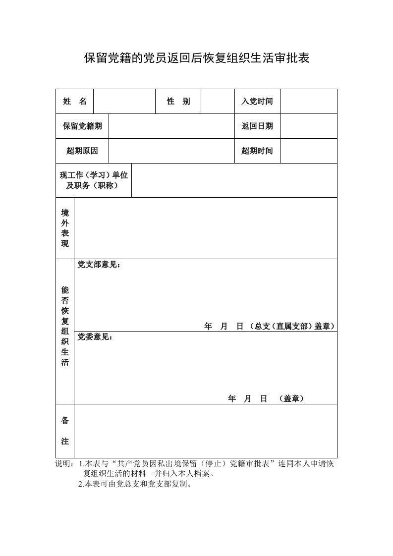 保留党籍的党员返回后恢复组织生活审批表