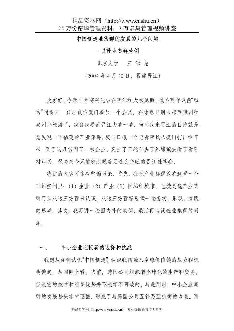 中国制造业集群的发展的几个问题