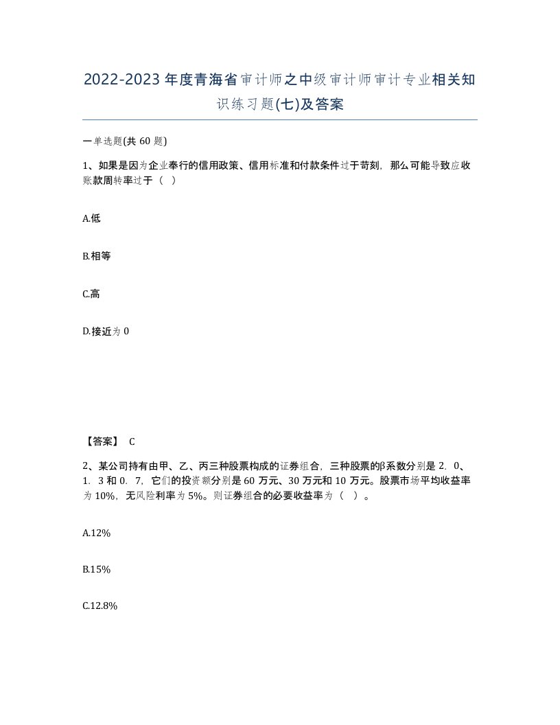 2022-2023年度青海省审计师之中级审计师审计专业相关知识练习题七及答案