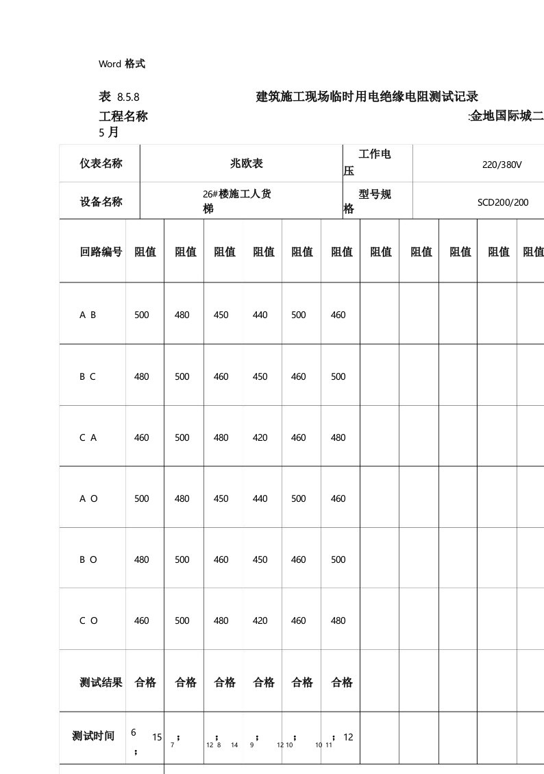 建筑施工现场临时用电绝缘电阻测试记录文本