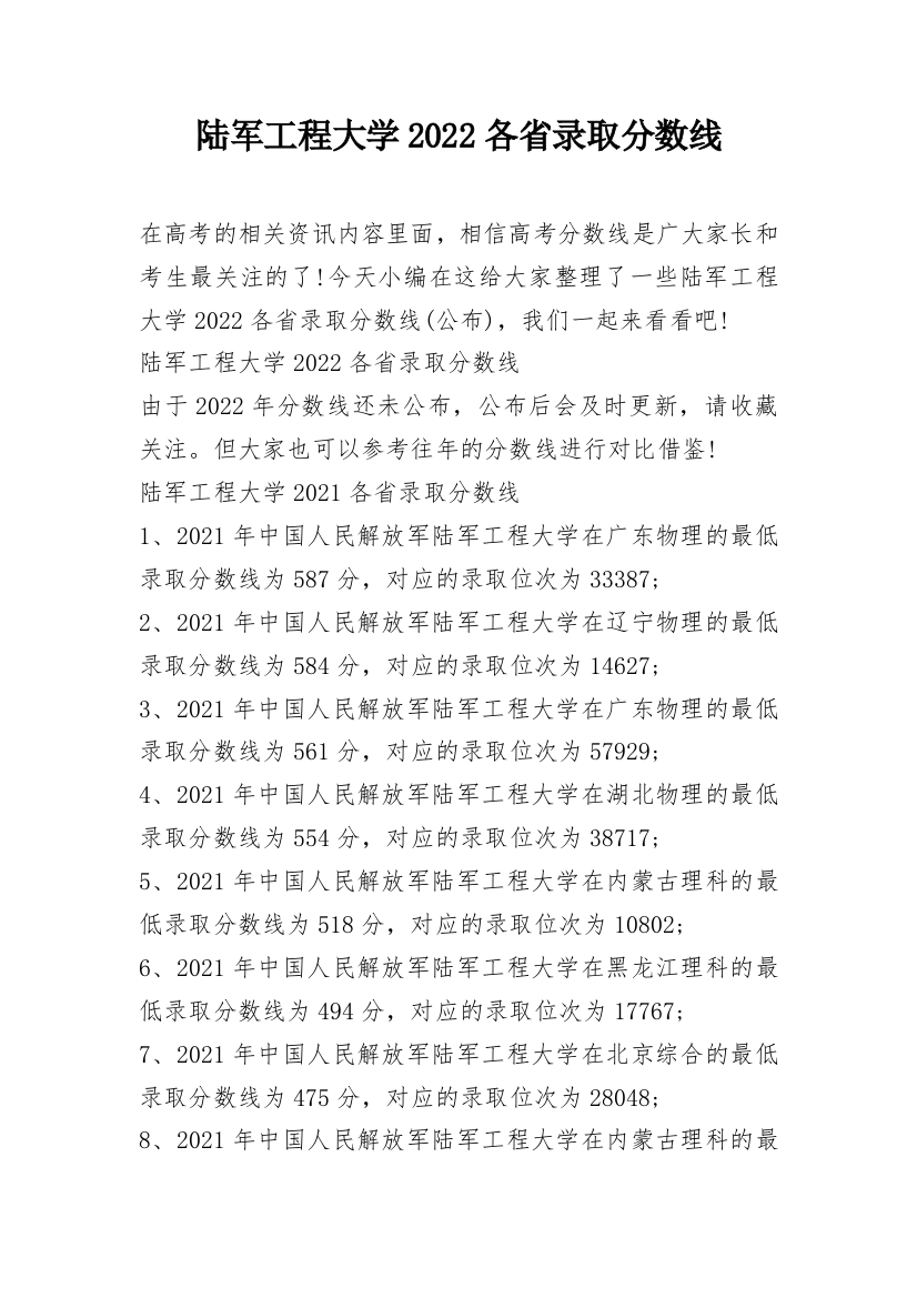 陆军工程大学2022各省录取分数线