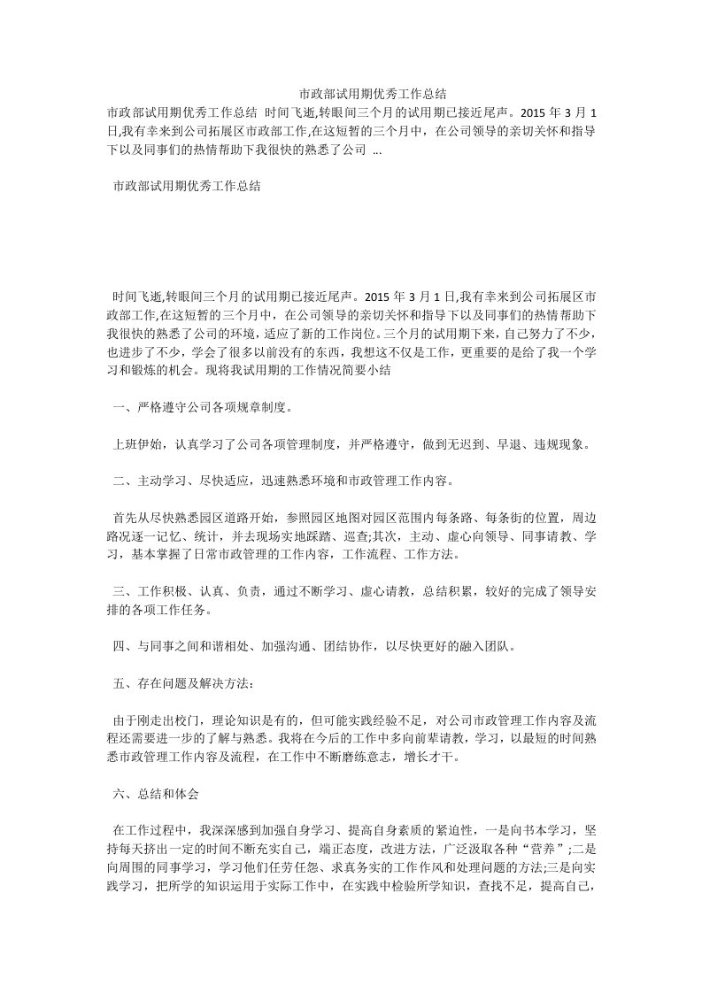 市政部试用期优秀工作总结