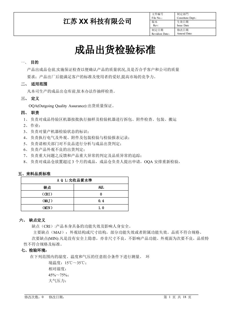 成品出货检验标准