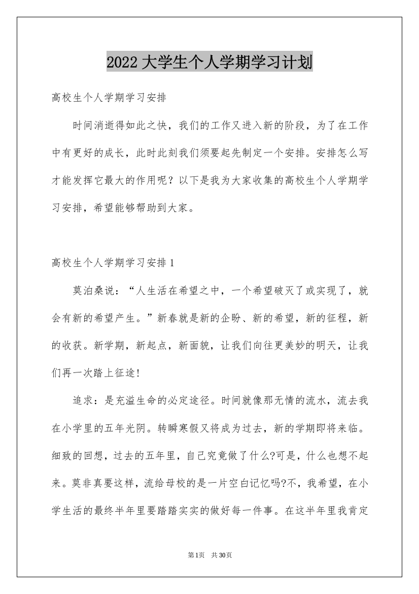 2022大学生个人学期学习计划