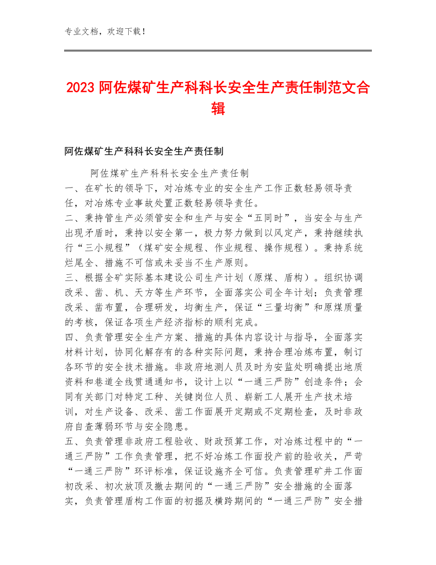 2023阿佐煤矿生产科科长安全生产责任制范文合辑