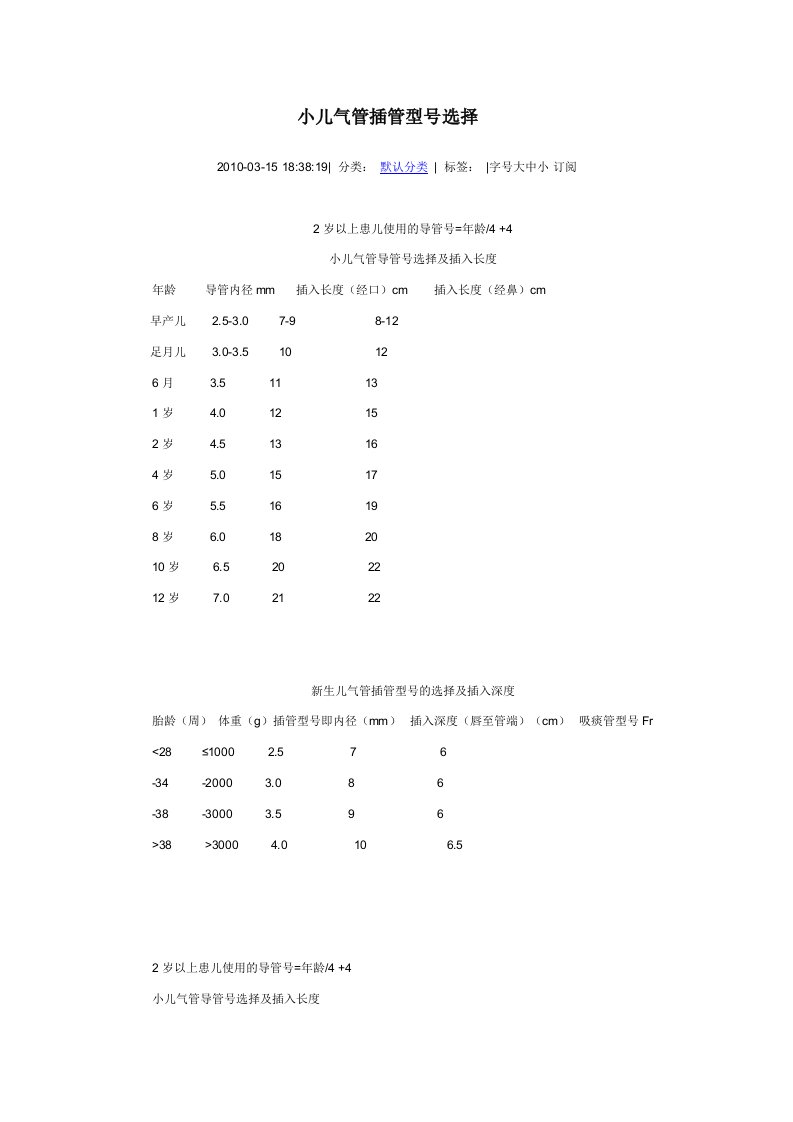 小儿气管插管型号选择