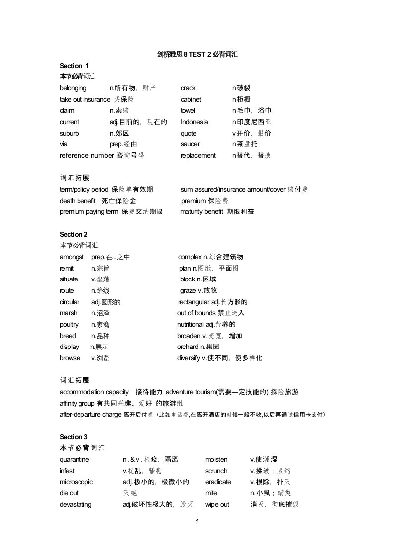 剑桥雅思8听力必背词汇TEST2-TEST4