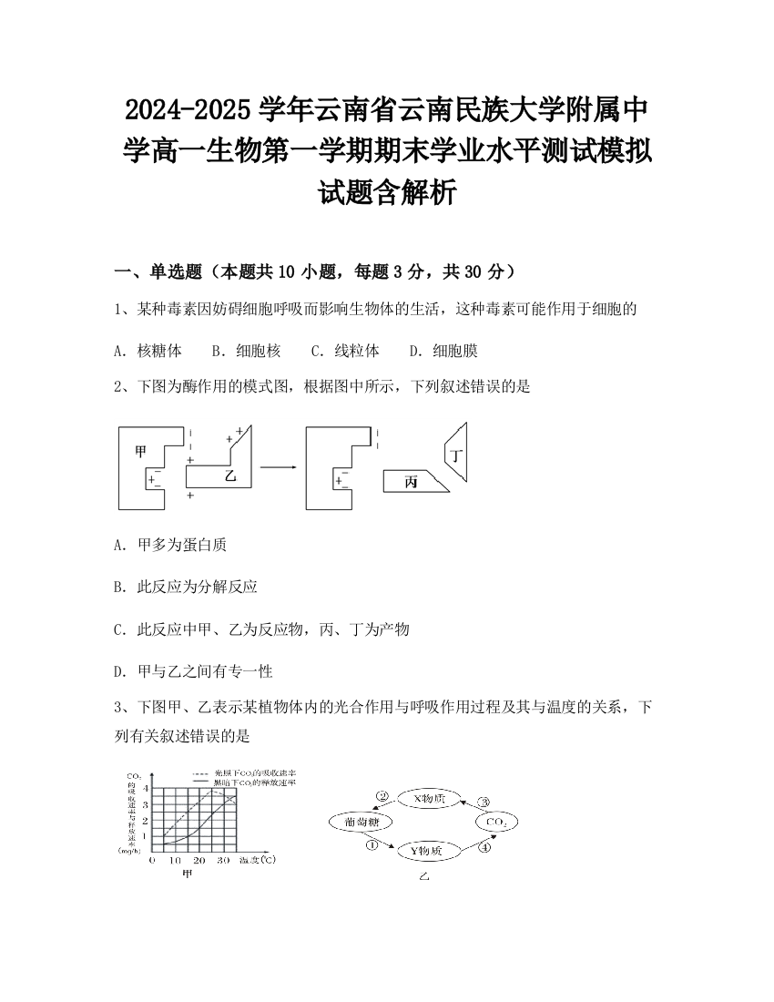 2024-2025学年云南省云南民族大学附属中学高一生物第一学期期末学业水平测试模拟试题含解析