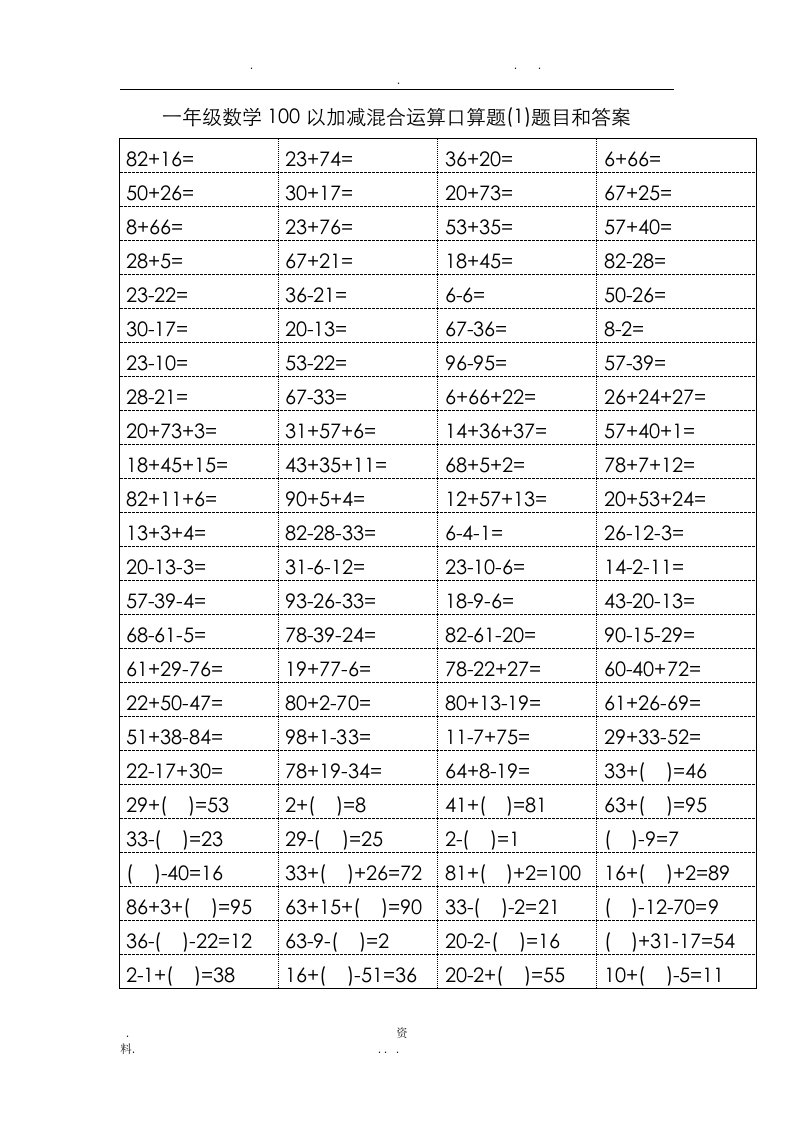 小学一年级数学100以内加减混合运算口算题题目和答案