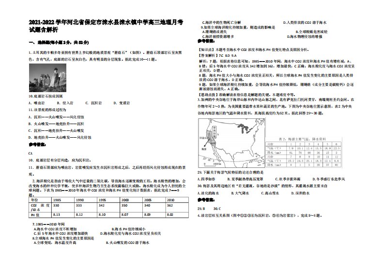 2021-2022学年河北省保定市涞水县涞水镇中学高三地理月考试题含解析