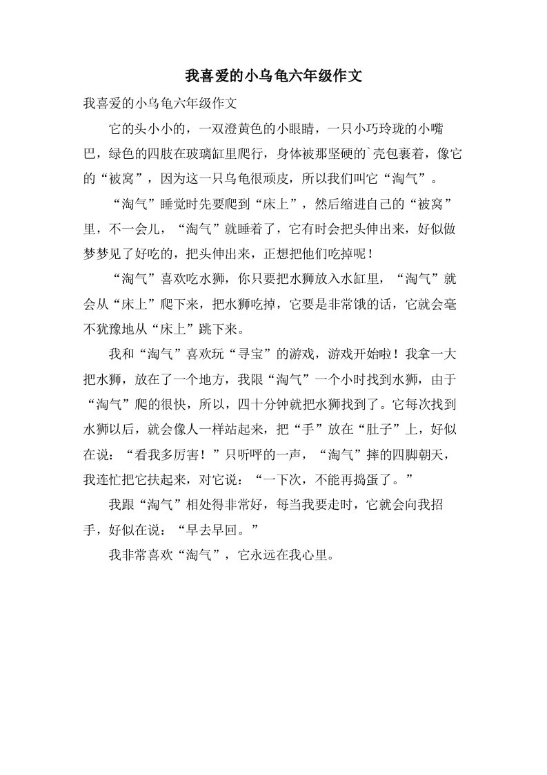 我喜爱的小乌龟六年级作文