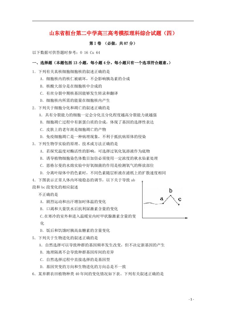 山东省桓台县高考理综模拟试题（四）