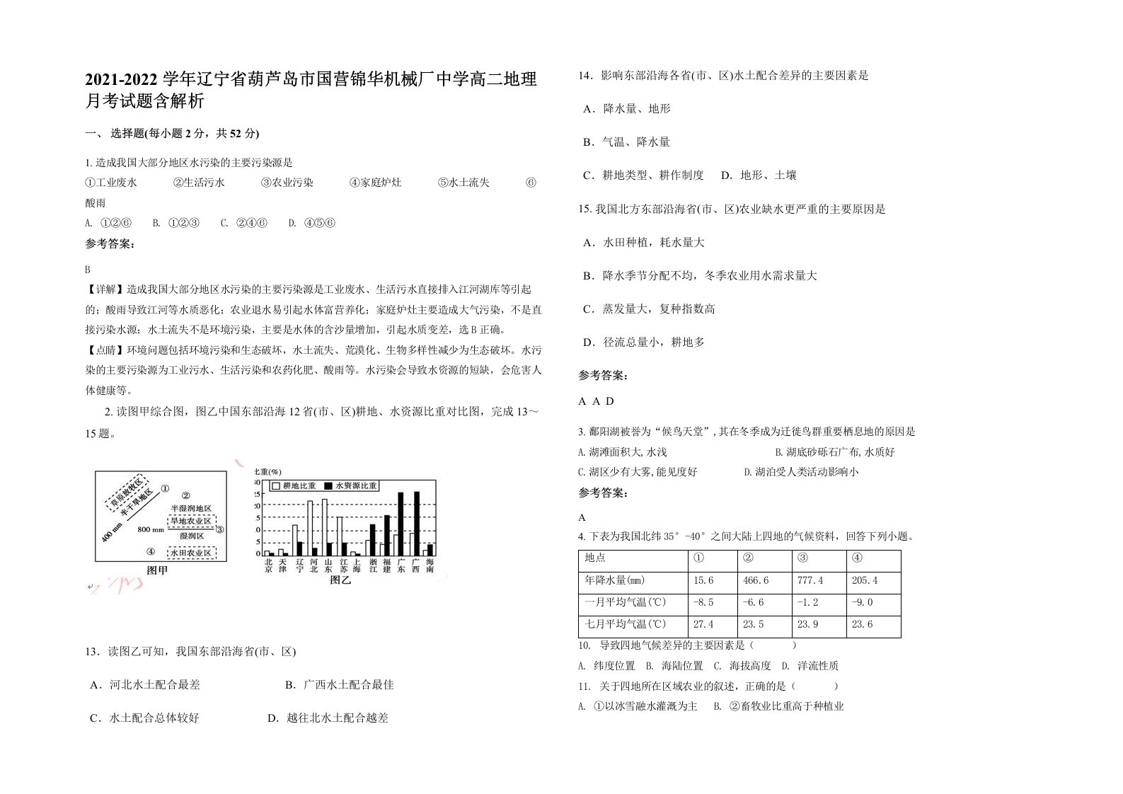 2021-2022学年辽宁省葫芦岛市国营锦华机械厂中学高二地理月考试题含解析