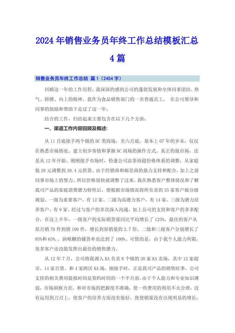 2024年销售业务员年终工作总结模板汇总4篇