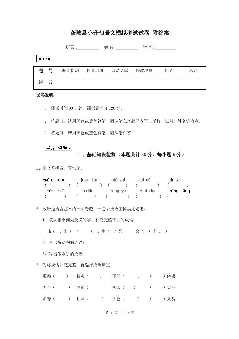 茶陵县小升初语文模拟考试试卷