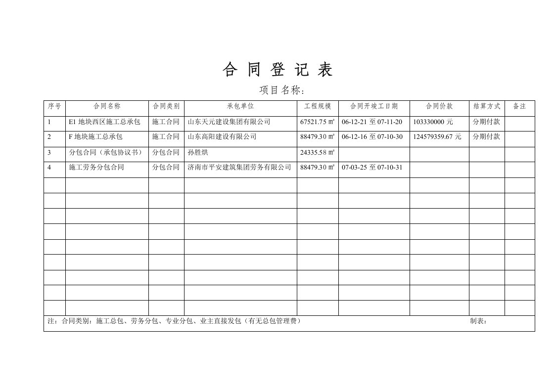 建筑工程-合同登记表