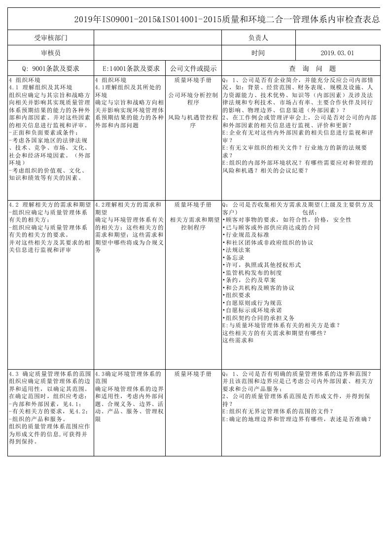 2019年ISO9001-2015&ISO14001-2015质量和环境管理体系内审检查表总表及各部门内审检查表