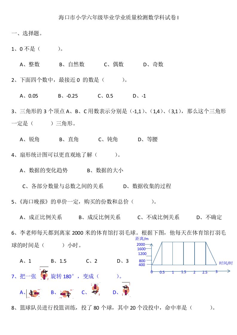 海口市小学六年级毕业学业质量检测数学科试卷I