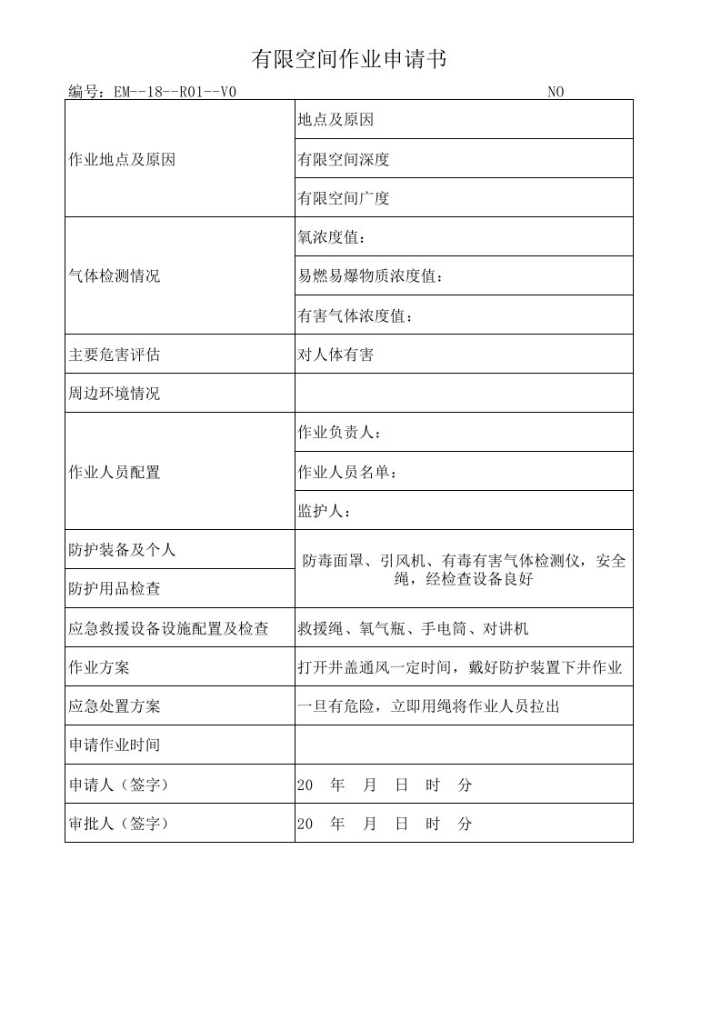 有限空间作业申请书