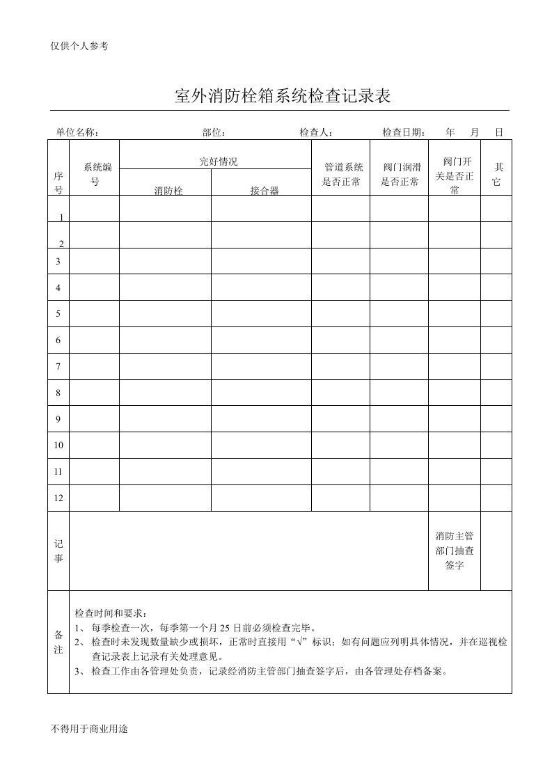 室内消防栓箱系统检查记录表