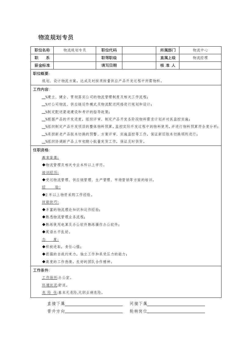 物流规划专员职位说明书