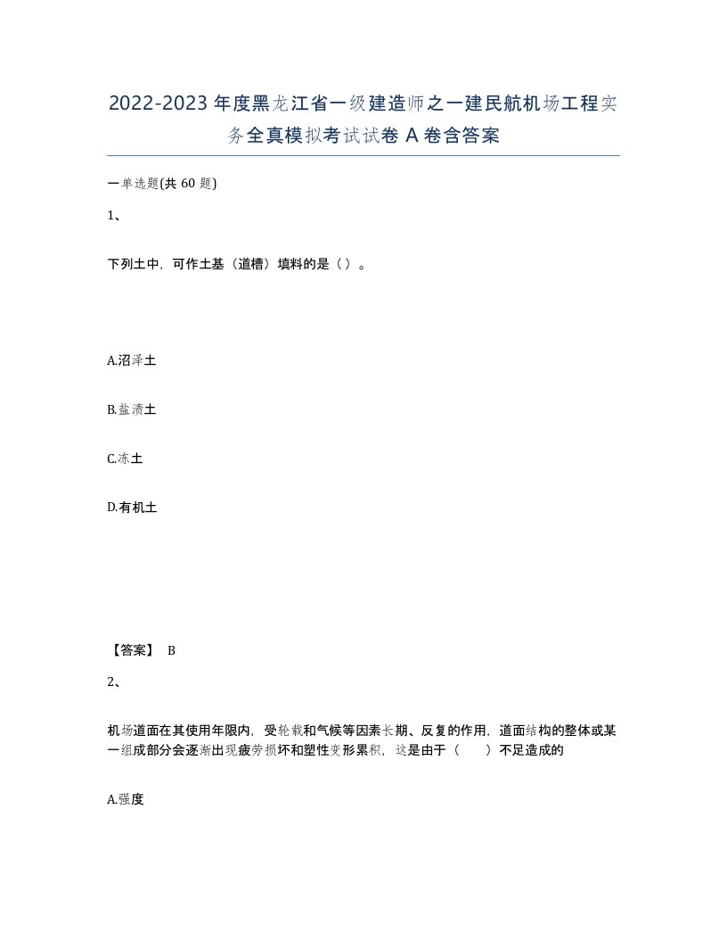 2022-2023年度黑龙江省一级建造师之一建民航机场工程实务全真模拟考试试卷A卷含答案