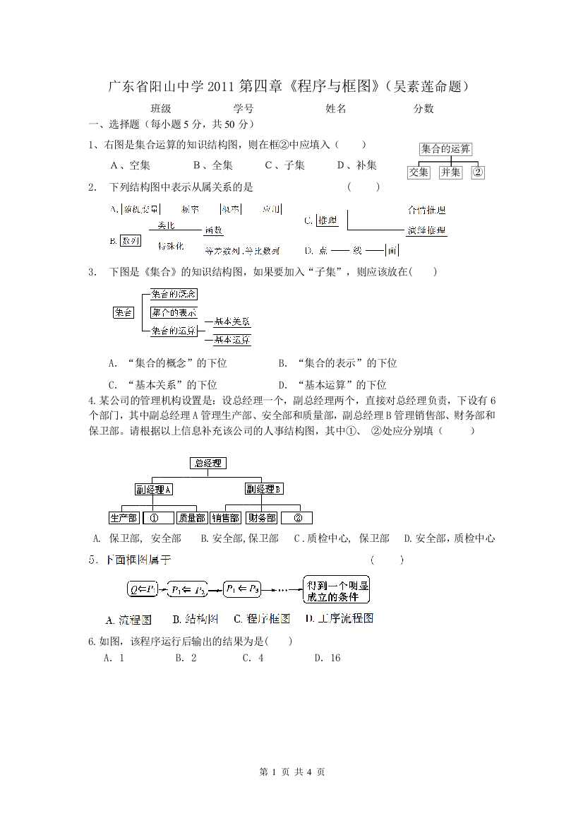 【小学中学教育精选】广东省阳山中学2011第四章《程序与框图》（吴素莲命题）