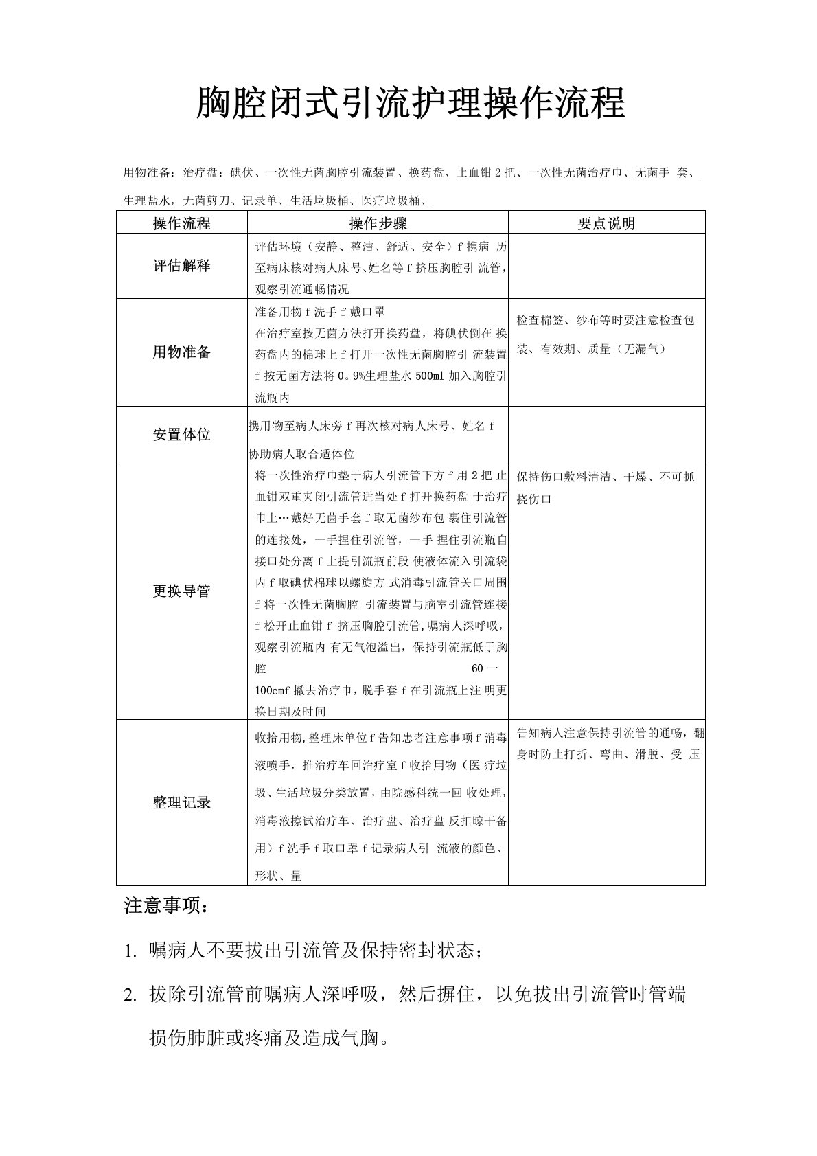 胸腔闭式引流管护理操作流程