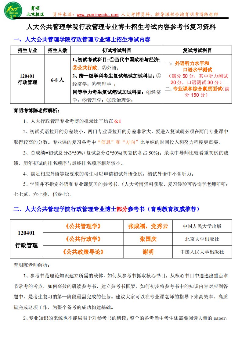 人大公共管理学院行政管理专业博士招生真题汇总参考书考试内容笔记-育明教育