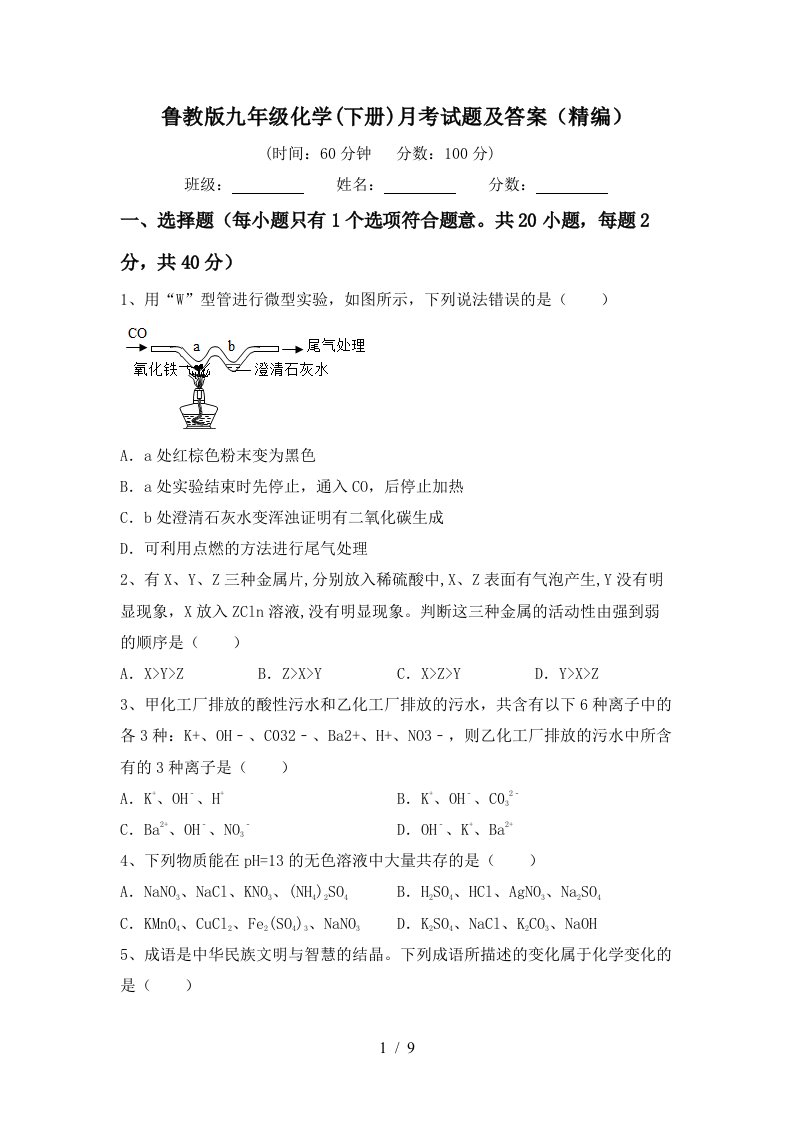 鲁教版九年级化学下册月考试题及答案精编