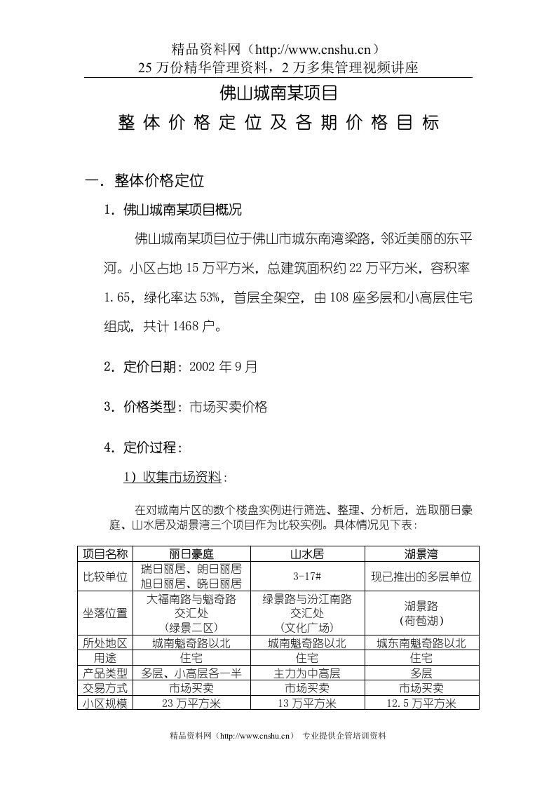 某某项目价格定位报告