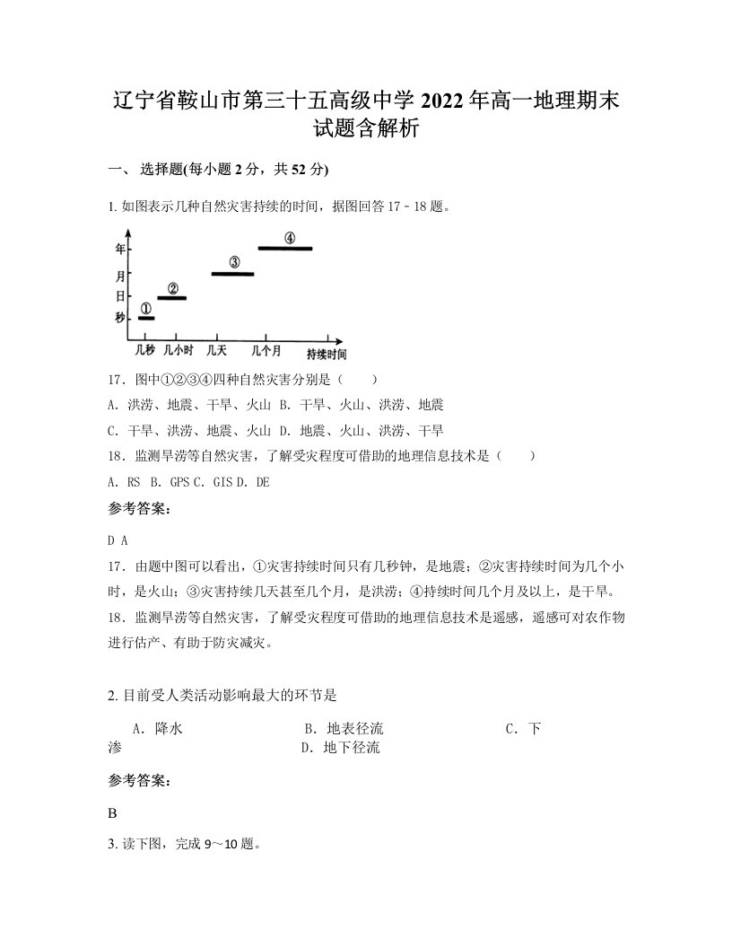 辽宁省鞍山市第三十五高级中学2022年高一地理期末试题含解析