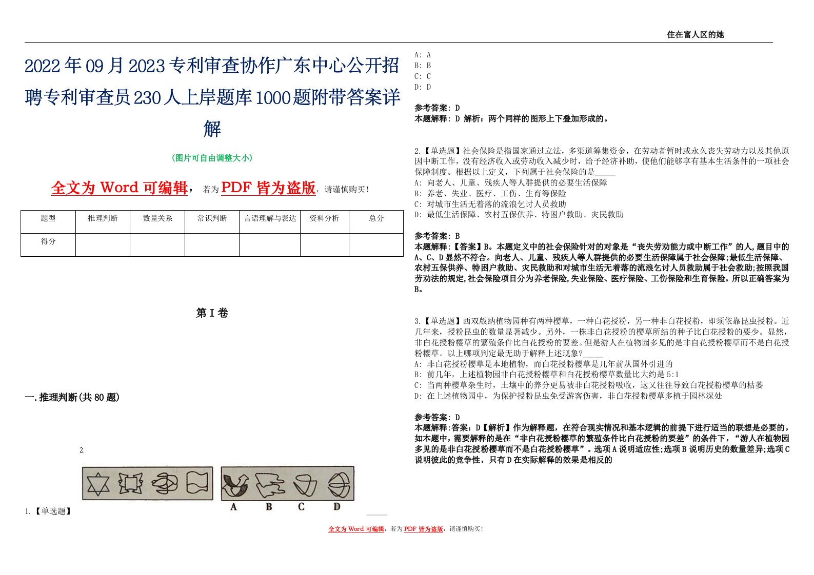 2022年09月2023专利审查协作广东中心公开招聘专利审查员230人上岸题库1000题附带答案详解