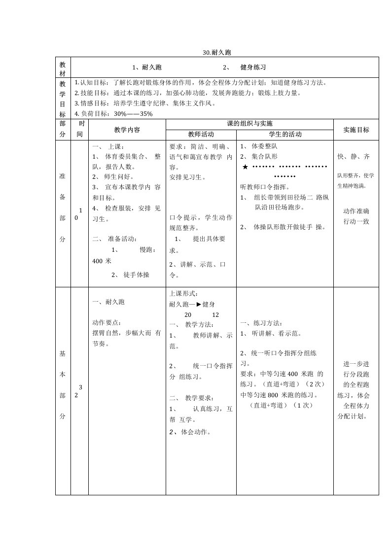 体育与健康高二下人教新课标30.耐久跑同步教案