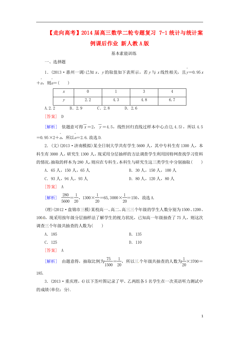 【走向高考】2014届高三数学二轮专题复习