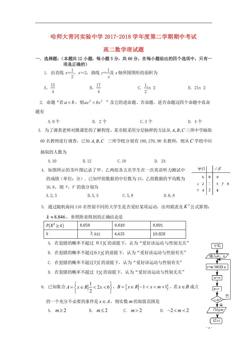 黑龙江省哈尔滨师范大学青冈实验中学校2017_2018学年高二数学下学期期中试题理