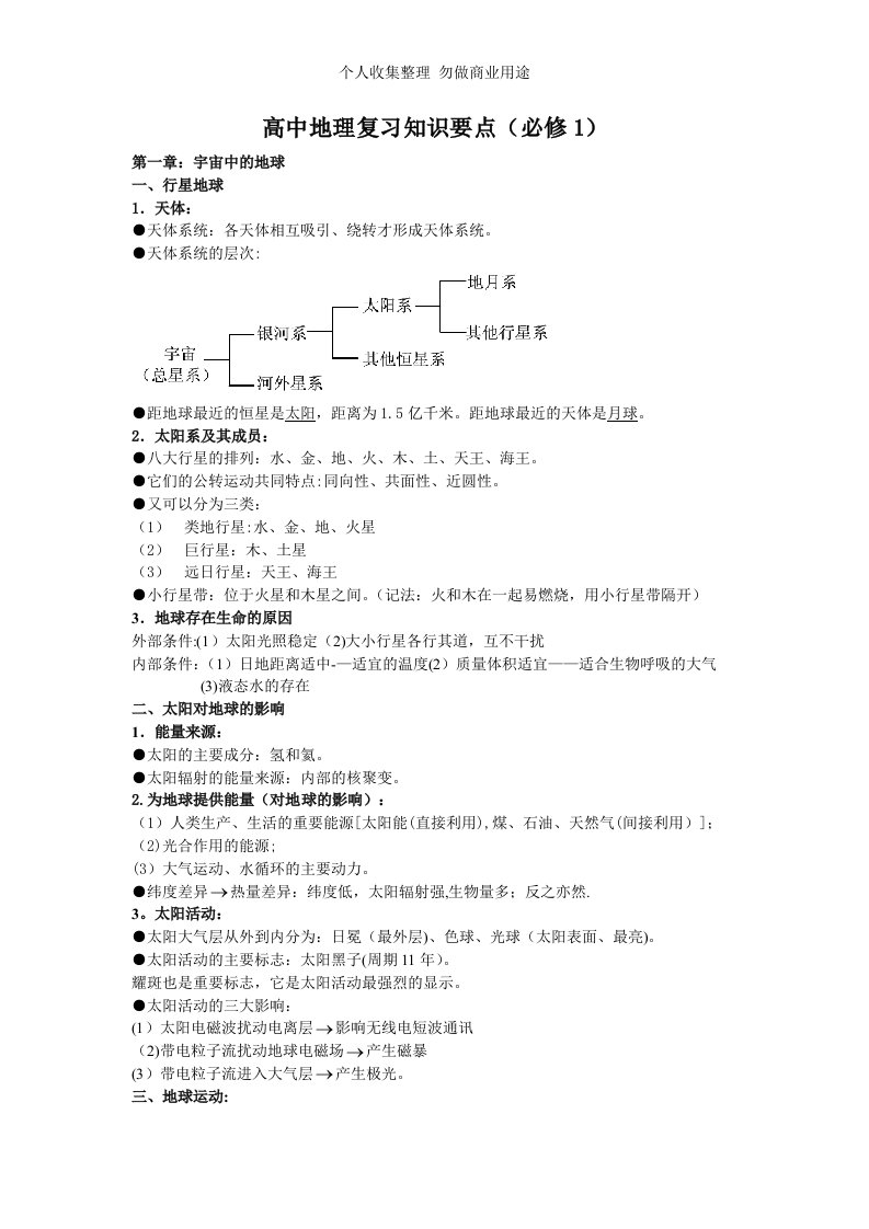 人教版高一地理必修一复习知识要点(第一章至第三章)