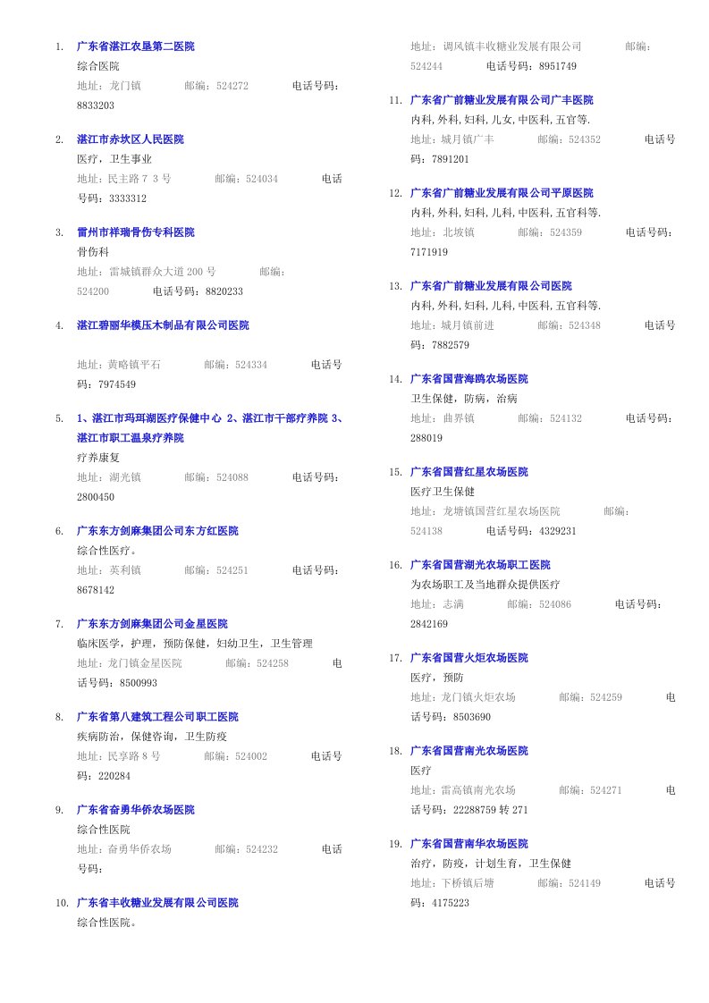 广东省湛江医院名录