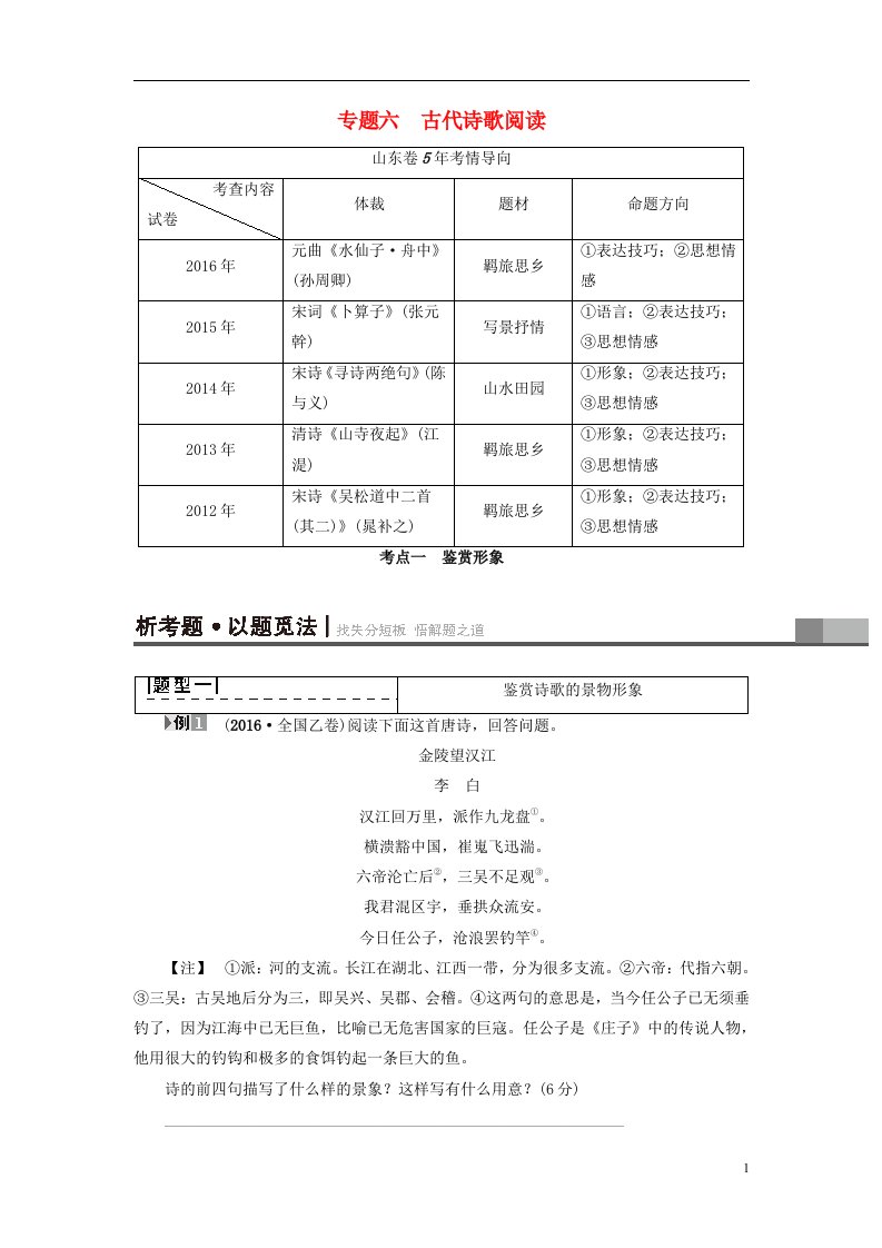 山东专版2017年高考语文二轮专题复习与策略板块2古代诗文阅读专题6古代诗歌阅读考点1鉴赏形象教师用书