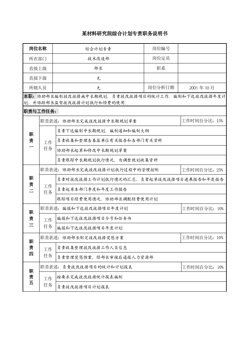 某材料研究院综合计划专责职务说明书