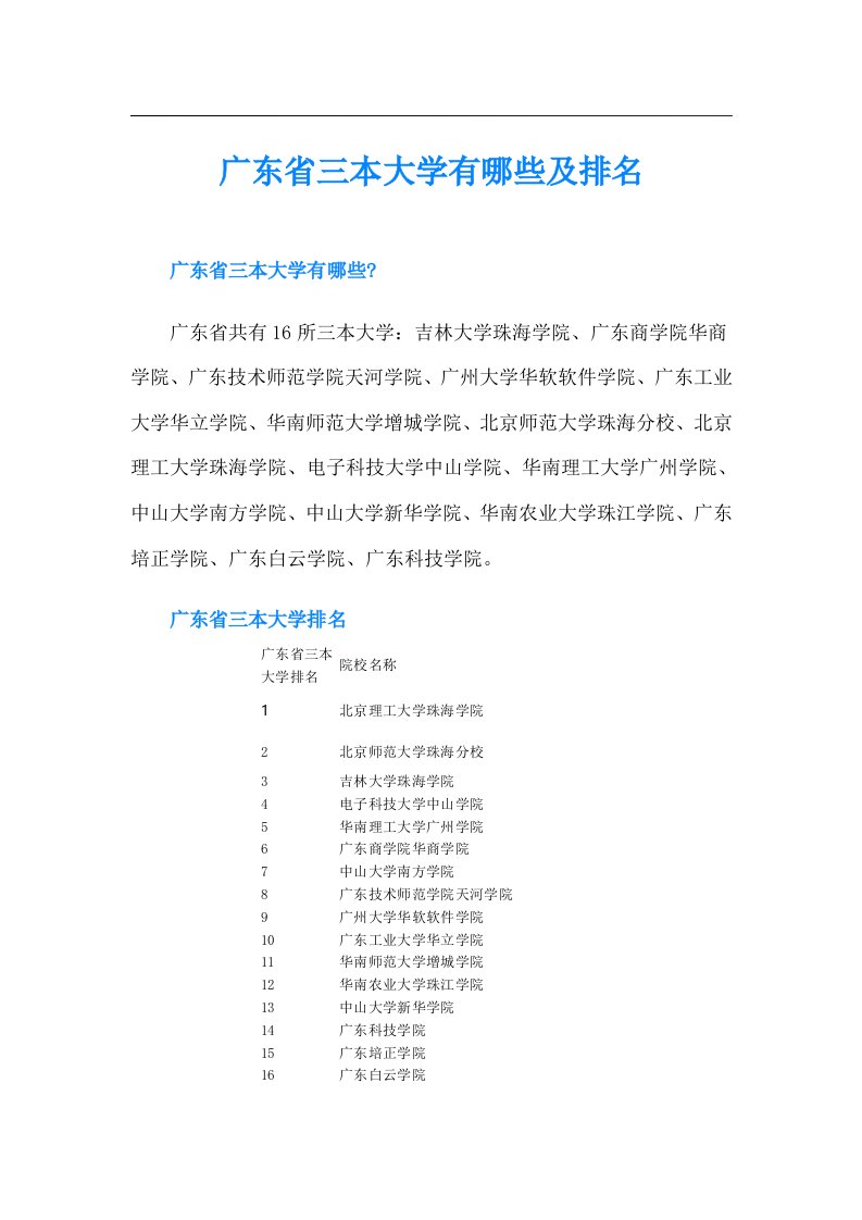 广东省三本大学有哪些及排名