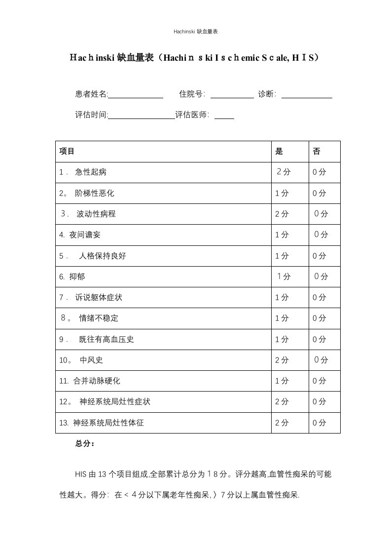 Hachinski缺血量表