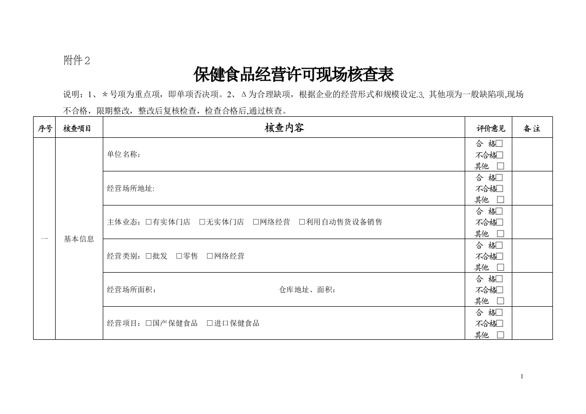 保健食品经营许可现场核查表