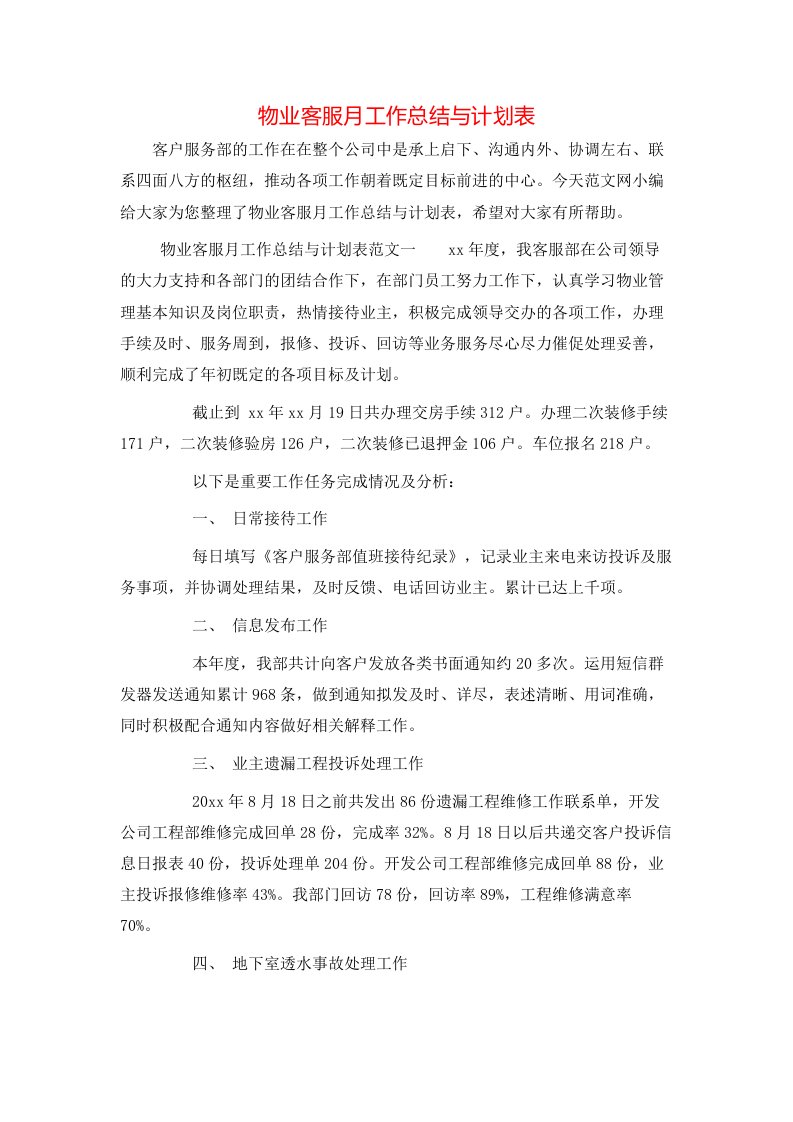 物业客服月工作总结与计划表