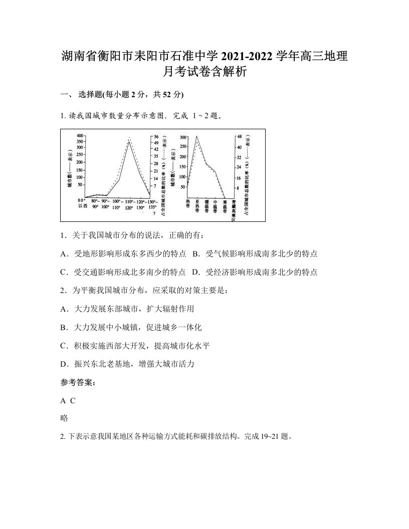 湖南省衡阳市耒阳市石准中学2021-2022学年高三地理月考试卷含解析